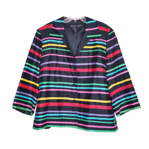Vtg 90s Silk Land Rainbow Striped Blazer Cardigan 100% Silk Sz 14 Preppy Casual